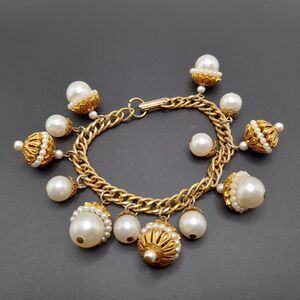 Vintage 1950s Acorn Filigree Charm Bracelet, Faux Pearls, 7 1/4"